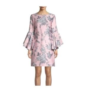 NWT Belle Badgley Mischka Freya Floral Bell Sleeve Dress Sz 0 Pink Blue Brocade